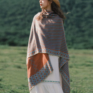 Buddha Stones Tibetan Shawl Striped Diamond Pattern Winter Warm Soft Scarf Tibetan Shawl BS Orange Light Blue