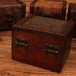 Buddha Stones Retro Small Square Wood Jewelry Box Lotus Grass Flower Grape Copper Coin Daffodil Jewelry Storage Box Jewelry Box BS 17