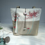 Buddha Stones Pear Flower Plum Peach Blossom Bamboo Embroidery Canvas Large Capacity Shoulder Bag Tote Bag Bag BS 41