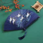 Buddha Stones Vintage Cloud Crane Maple Leaf Pattern Handheld Bamboo Folding Fan Folding Fan BS Crane Blue 18.5cm
