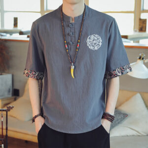 Buddha Stones Frog-Button Dragon Embroidery Chinese Tang Suit Short Sleeve Shirt Linen Men Clothing Men's Shirts BS Gray 5XL(Fit for USUK/AU46; EU56)