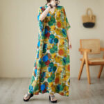 Buddha Stones Orange Blue Colorful Polka Dots Midi Dress Cotton Half Sleeve Dress With Pockets Midi Dress BS 4