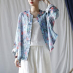 Buddha Stones Pink Flowers Green Leaves Print Frog-button Design Long Sleeve Ramie Linen Jacket Shirt Women's Shirts BS 19