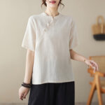 Buddha Stones Solid Color Frog-Button Short Sleeve Cotton Linen Shirt Women's Shirts BS 1
