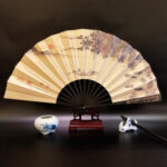 Buddha Stones Great Wall Mountains Trees Crane Bamboo Handheld Silk Bamboo Folding Fan 33.5cm Folding Fan BS Boat 33.5cm