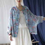 Buddha Stones Pink Flowers Green Leaves Print Frog-button Design Long Sleeve Ramie Linen Jacket Shirt Women's Shirts BS 22