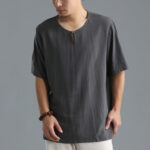 Buddha Stones Men's Solid Color Round Neck Short Sleeve Cotton Linen Shirt Men's Shirts BS 3
