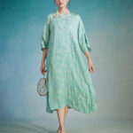 Buddha Stones Small Flower Leaf Jacquard Chinese Cheongsam Qipao Midi Dress With Pockets Cheongsam Dresses BS 1