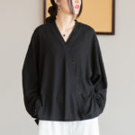 Buddha Stones V-Neck Blouse Women Shirt Long Sleeve Top Chinese Hanfu Style Clothing Long Sleeve Shirt BS Black(Bust 128cm)(Top Only)