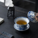 Buddha Stones Blue And White Porcelain Lotus Koi Fish Lion Dance Watermelon Ceramic Gaiwan Sancai Teacup Kung Fu Tea Cup And Saucer With Lid 300ml Cup BS 7