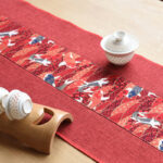 Buddha Stones Classic Chinese Style Lotus Koi Fish Flower Crane Calligraphy Enlightenment Cotton Linen Tassels Table Runner Table Runner BS 17
