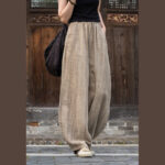 Buddha Stones Ramie Cotton Linen Pants Tie-dye Design Trousers Loose Zen Yoga Women's Pants with Pockets Pants BS Beige(Regular Style) L(Waist 68-100cm/Hips 116cm/Suitable for Weight 70kg)