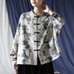 Buddha Stones Black Gray Print Frog-button Design Long Sleeve Cotton Linen Jacket Shirt With Pockets Women's Shirts BS 23