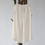 Buddha Stones Flower Jacquard Midi Dress Long Sleeve Cotton Linen Dress Wide Leg Pants With Pockets 58