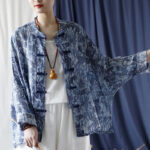 Buddha Stones Retro Blue White Flowers Frog-Button Design Long Sleeve Ramie Linen Jacket Shirt 18