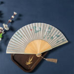 Buddha Stones Lotus Begonia Flower Jasmine Handheld Silk Bamboo Folding Fan 21cm 11