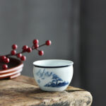 Buddha Stones Koi Fish Lotus Flower Leaf Mountains Tree Ceramic Teacup Kung Fu Tea Cup 130ml Cup BS Mountains Pine 7.7cm*5.1cm*130ml