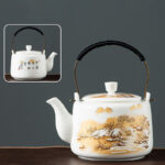 Buddha Stones Vintage Dragon Mountain Fisherman Landscape White Porcelain Ceramic Kung Fu Teapot Teapot BS Snowy Golden Mountain 15.3cm*10.6cm*600ml