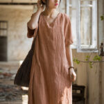 Buddha Stones Handmade Tie Dye V-Neck Midi Dress Linen Short Sleeve Dress 10