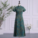 Buddha Stones Vintage Auspicious Clouds Leaf Print Cheongsam Dress Women's Qipao Dress Cheongsam Dresses BS Green Pattern Bust 112cm/Waist 92cm/Hips 116cm
