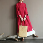 Buddha Stones Flower Jacquard Midi Dress Long Sleeve Cotton Linen Dress Wide Leg Pants With Pockets 22