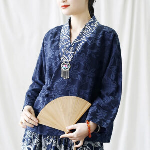 Buddha Stones Flower Jacquard V-Neck Long Sleeve Jacket 1