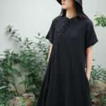 Buddha Stones Frog-Button Midi Dress Cotton Linen Short Sleeve Dress With Pockets Midi Dress BS 4