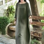 Buddha Stones Simple Midi Dress Cotton Linen Zen Tunic Dress With Pockets Midi Dress BS Green(Bust 114cm/Length 120cm)(Dress Only)