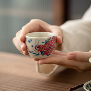 Buddha Stones Koi Fish Arowana Peony Sunflower Ceramic Teacup Kung Fu Tea Cup 60ml Cup BS Red Koi Fish Arowana 5.9cm*4.3cm*60ml
