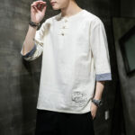 Buddha Stones Frog-Button Dragon Embroidery Chinese Tang Suit Three Quarter Sleeve Shirt Cotton Linen Men Clothing Men's Shirts BS 9
