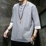 Buddha Stones Frog-Button Dragon Embroidery Chinese Tang Suit Three Quarter Sleeve Shirt Cotton Linen Men Clothing Men's Shirts BS 17