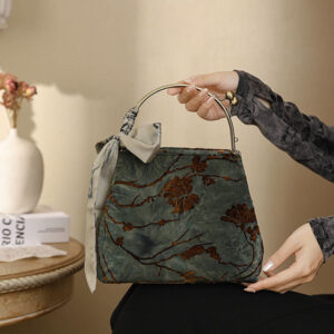 Buddha Stones Velvet Jacquard Metal Chain Crossbody Bag Handbags Crossbody Bag&Handbags BS Green 21*10*17.5cm