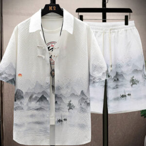 Buddha Stones Landscape Coconut Trees Magpie Pattern Short Sleeve Shorts Men's Set Men's Meditation Cloth BS Landscape(Shirt&Shorts) 4XL(Bust 128cm/Waist 120cm/Hips 127cm)