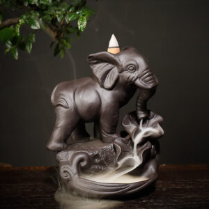 Buddha Stones Tibetan Elephant Purple Clay Backflow Smoke Fountain Peace Healing Incense Burner Decoration Incense Burner BS Brown