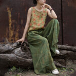 Buddha Stones Green Yellow Ramie Linen Flexible Waistband Wide Leg Pants With Pockets Women's Wide Leg Pants BS 13