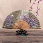 Buddha Stones Cherry Blossom Lily Butterfly Bamboo Handheld Bamboo Folding Fan 21cm Folding Fan BS Brown Green Butterfly Lily 21cm