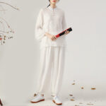 Buddha Stones 2Pcs Long Sleeve Frog-Button Meditation Prayer Zen Practice Tai Chi Uniform Clothing Women's Set Clothes BS White Stand Collar(Top&Pants) US12/XXL