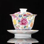 Buddha Stones Peony Flowers Ceramic Gaiwan Sancai Teacup Kung Fu Tea Cup And Saucer With Lid Cup BS White 9.5cm*9.3cm*160ml