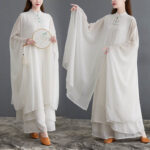 Buddha Stones 2Pcs Frog-Button Long Sleeve Midi Dress Wide Leg Pants Chiffon Zen Women's Set Women's Meditation Cloth BS main