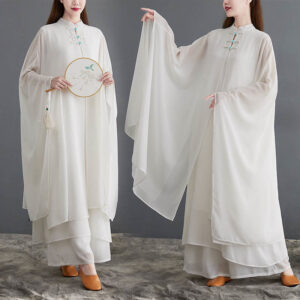 Buddha Stones 2Pcs Frog-Button Long Sleeve Midi Dress Wide Leg Pants Chiffon Zen Women's Set Women's Meditation Cloth BS main