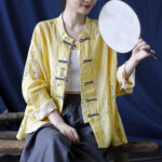 Buddha Stones Yellow Phoenix Print Frog-button Design Long Sleeve Ramie Linen Jacket Shirt Women's Shirts BS 9