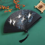 Buddha Stones Vintage Cloud Crane Maple Leaf Pattern Handheld Bamboo Folding Fan Folding Fan BS Crane Black 18.5cm