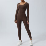 Buddha Stones Women Long Sleeve Backless Jumpsuit Sports Fitness Yoga Bodysuit Bodysuit BS Brown XL(Front Bust 44cm/Waist 68cm/Hips 82cm)