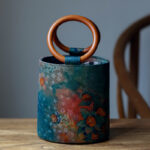 Buddha Stones Bamboo Leaf Butterfly Cherry Blossom Persimmon Wood Handle Handbag Handbags BS Persimmon 16*17*12cm