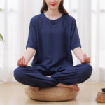 Buddha Stones 2Pcs Half Sleeve T-Shirt Pants Meditation Zen Tai Chi Cotton Linen Clothing Unisex Set Women's Meditation Cloth BS Navy Blue(Top&Pants) 4XL(Bust 138cm/Waist 80cm/Hips 124cm)