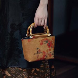 Buddha Stones Yellow Bird Branches Green Peony Flower Bamboo Handles Handbag Handbags BS Yellow Red Bird 16-23*14*11cm