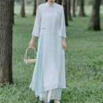 Buddha Stones Three Quarter Sleeve Chiffon Cheongsam Midi Dress Wide Leg Pants Meditation Zen Practice Clothing Women's Meditation Cloth BS 3