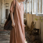 Buddha Stones Handmade Tie Dye V-Neck Midi Dress Linen Short Sleeve Dress 13