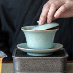 Buddha Stones Retro Green Ice Glaze Ceramic Gaiwan Sancai Teacup Kung Fu Tea Cup And Saucer With Lid Cup BS 10