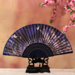 Buddha Stones Cherry Blossom Lily Butterfly Bamboo Handheld Bamboo Folding Fan 21cm Folding Fan BS Blue Butterfly Cherry Blossom 21cm